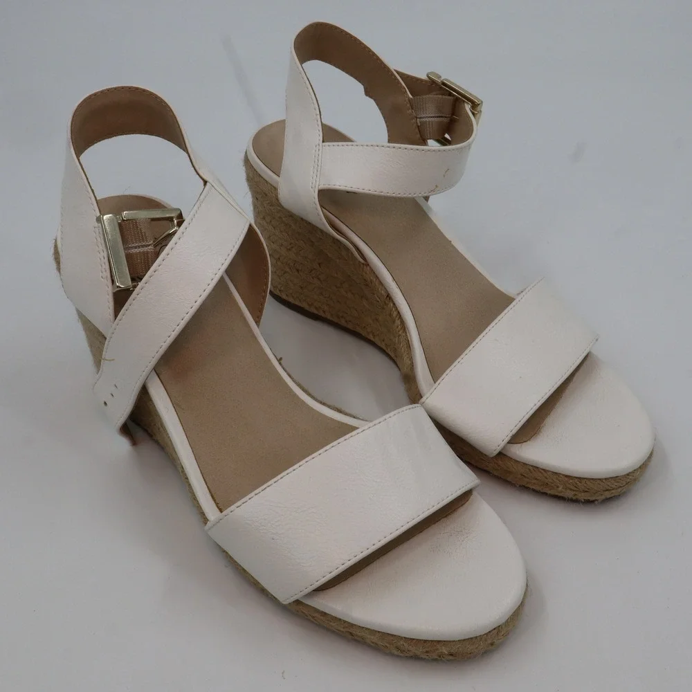 LifeStride Espadrille Wedge Sandals Womens 9.5 White Faux‎ Leather Ankle Strap